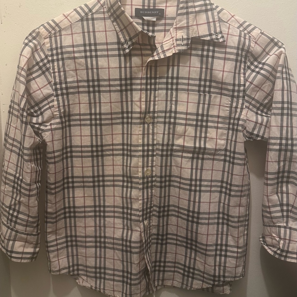 Burberry Kids Plaid Button Down Shirt - Black, White, and Pink